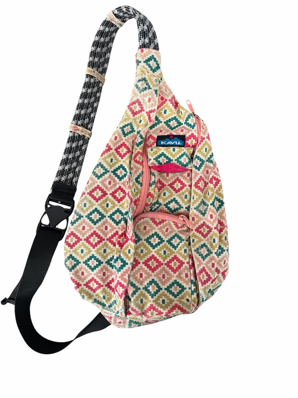 KAVU Original Rope Sling Bag Aztec Geometric Pink Teal Crossbody Backpack